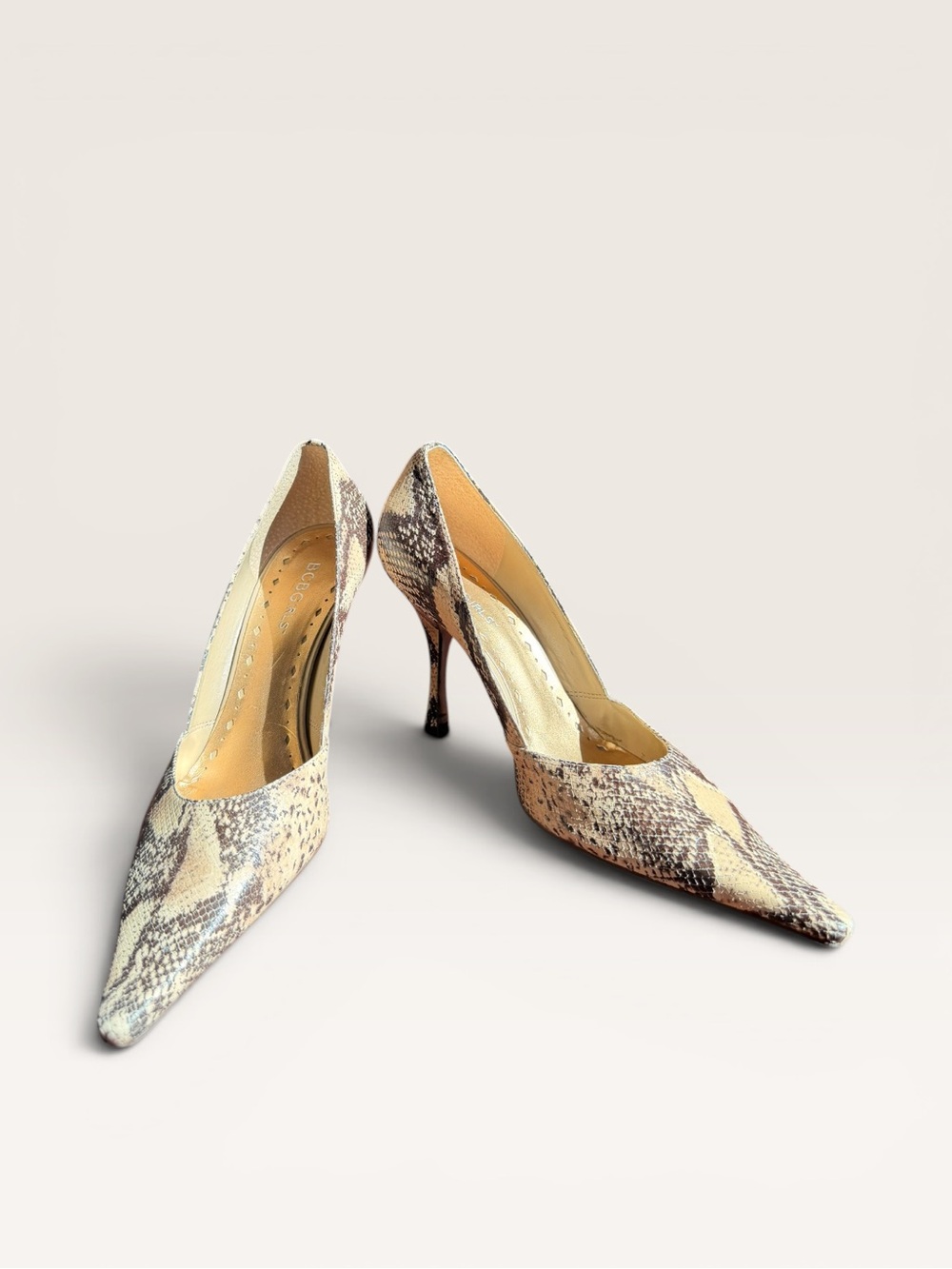 BCBGirls Snakeskin Pointed Toe Stiletto Pumps in Beige and Brown